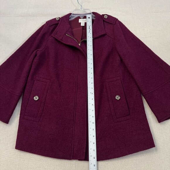 Chicos Burgundy Wool 3/4 Sleeve Full Zip Jacket Button Flap Accents Lined 2 - Picture 10 of 15